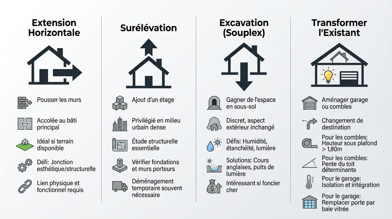 Schéma illustrant les 4 types d'agrandissement : extension horizontale, surélévation, excavation et aménagement de combles