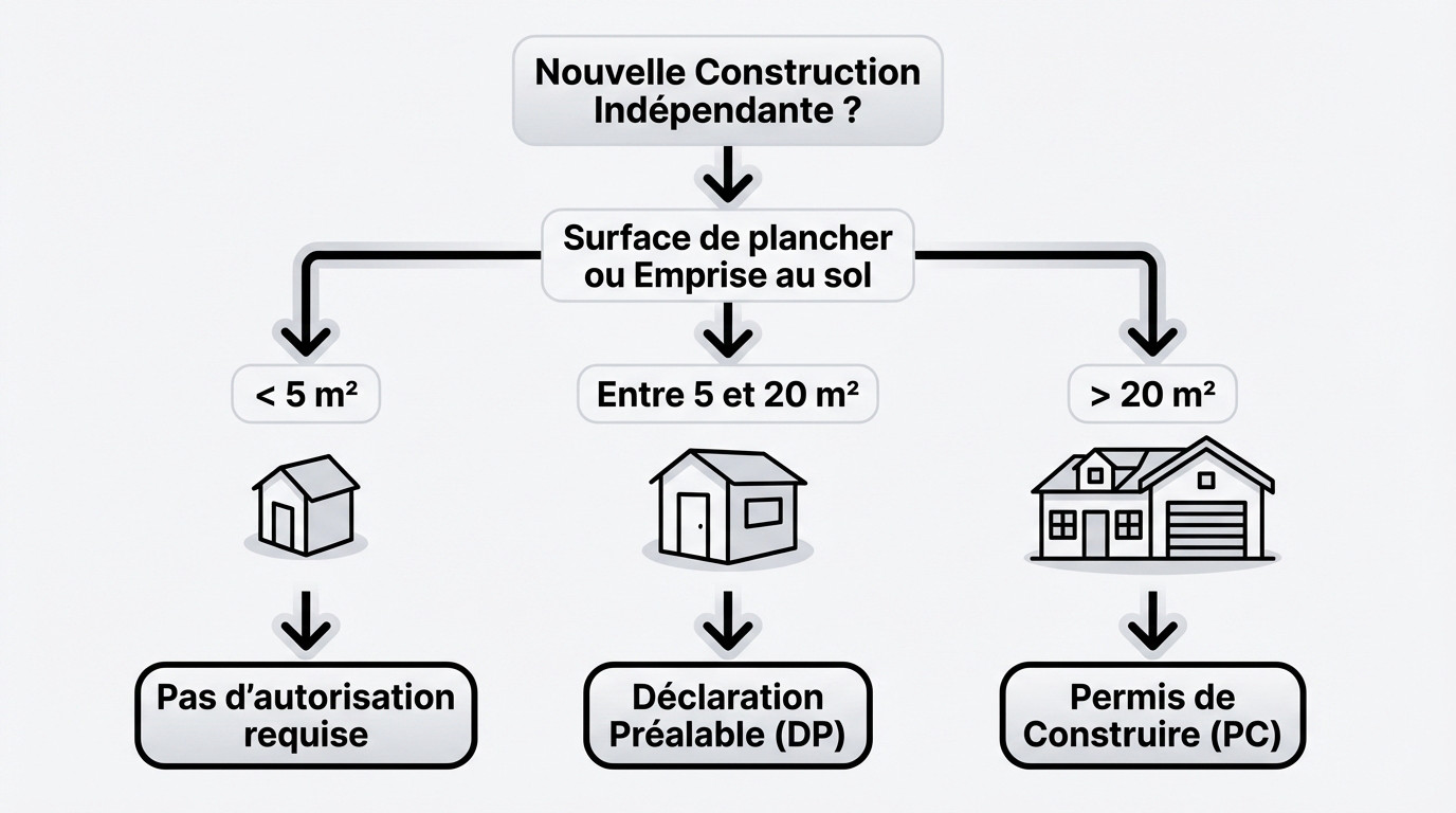Schéma explicatif des seuils de surface pour permis de construire et déclaration préalable