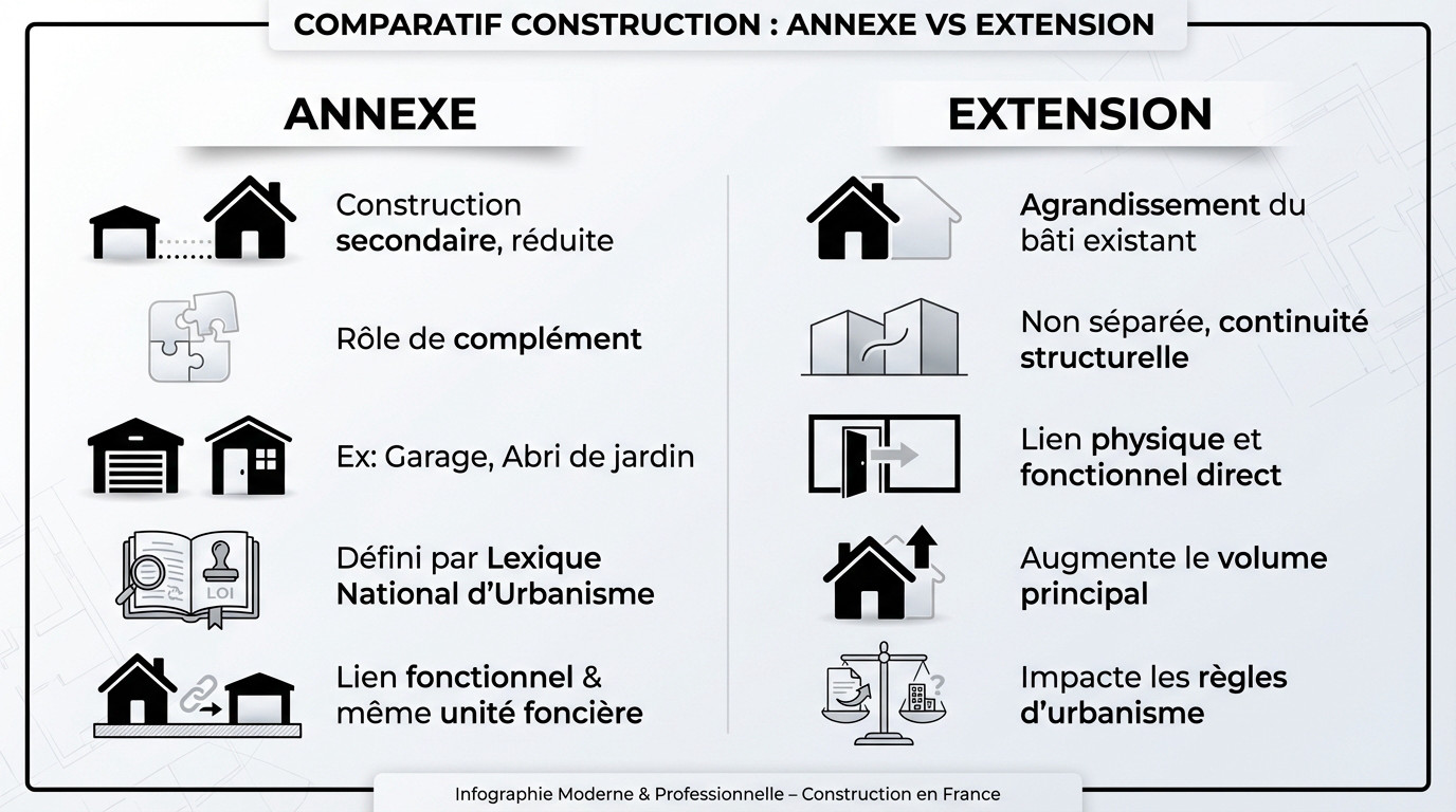 Schéma comparatif illustrant la différence entre une annexe séparée et une extension accolée à la maison