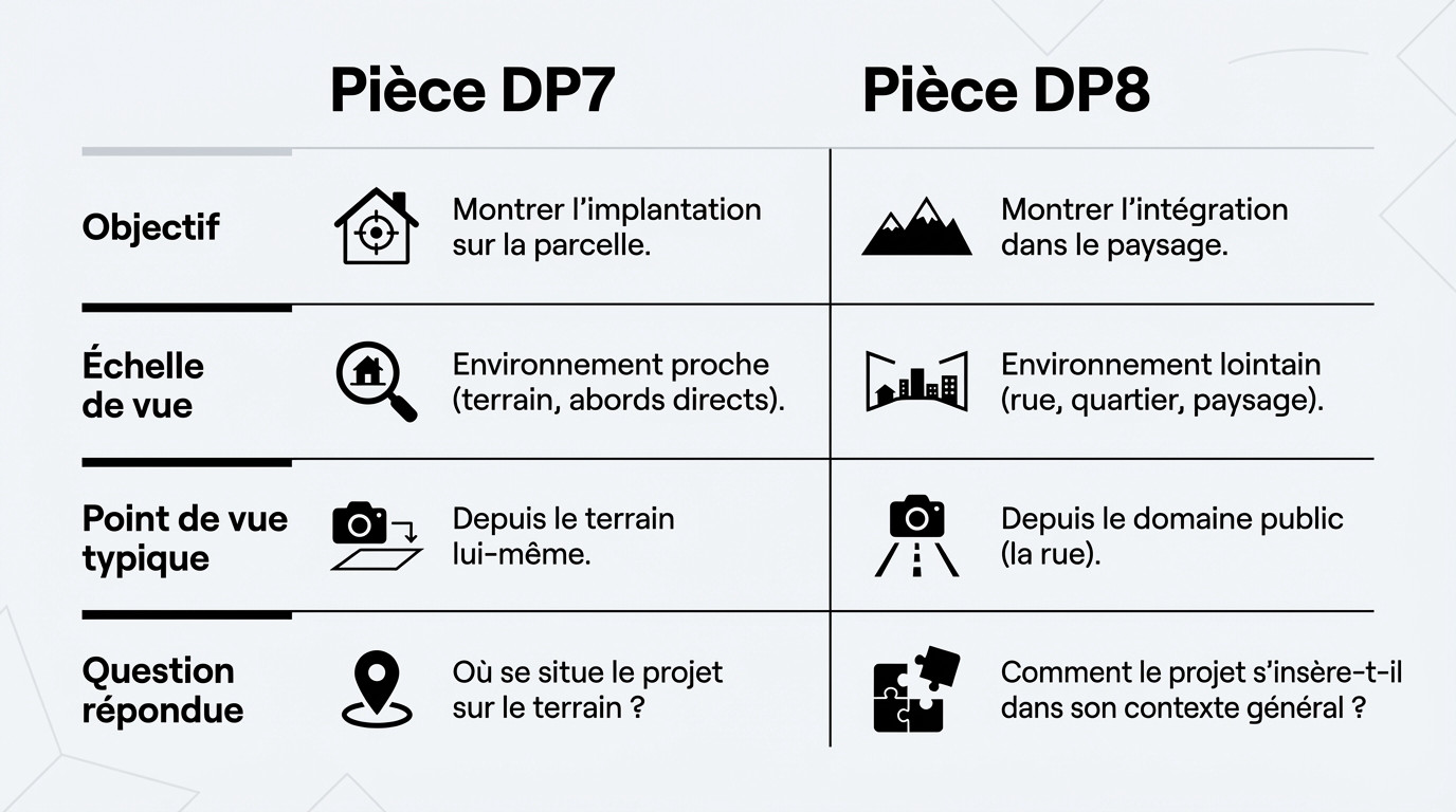 Comparaison entre la pièce DP7 environnement proche et la pièce DP8 environnement lointain pour un dossier d'urbanisme