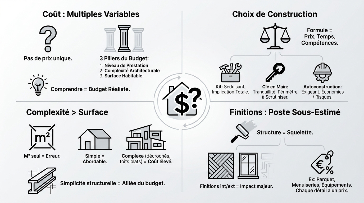 Schéma illustrant les facteurs influençant le coût d'une maison en bois : surface, complexité et finitions
