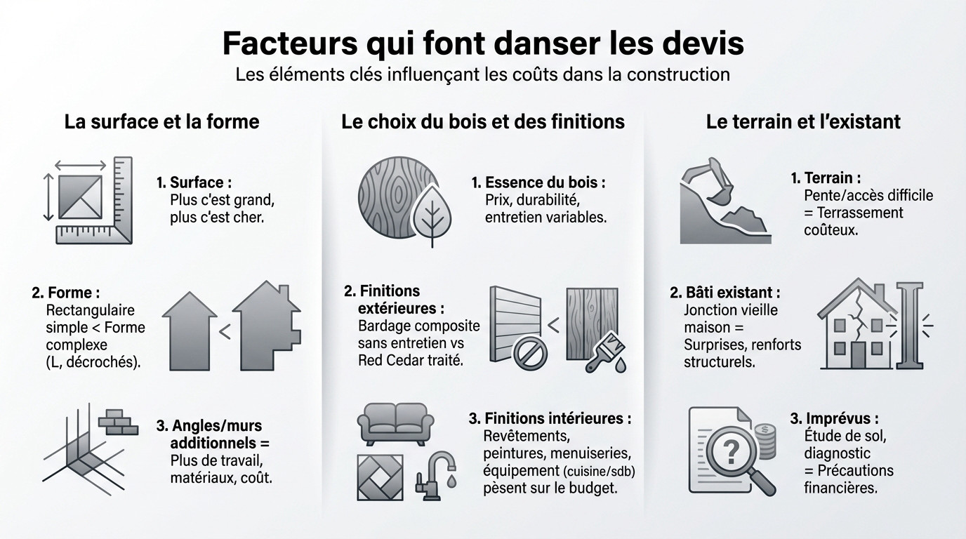 Charpentier travaillant sur l'ossature d'une extension en bois, illustrant la complexité technique du chantier
