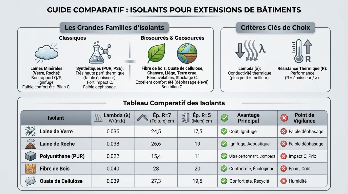 Comparatif des matériaux pour l'isolation d'une extension de maison : laines minérales, synthétiques et biosourcés