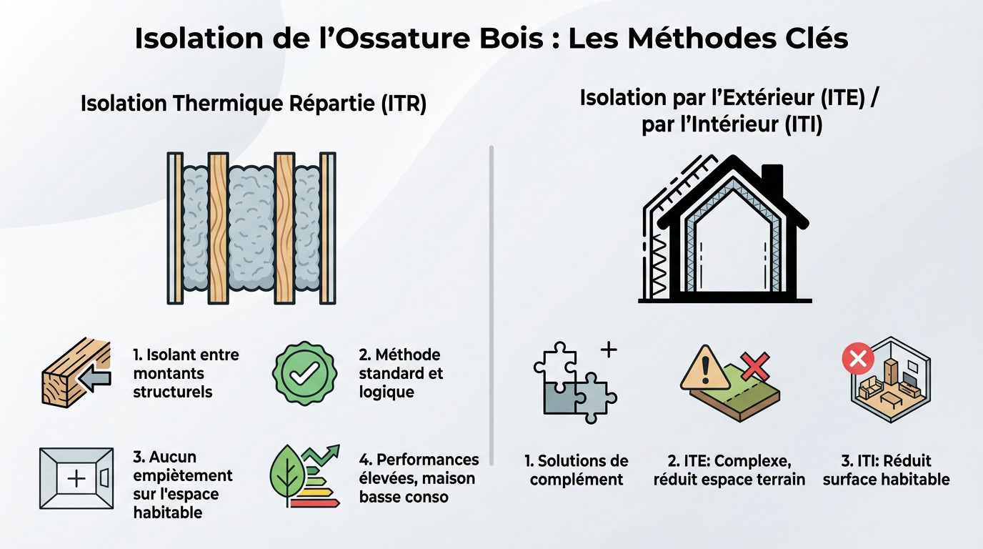 Schéma technique montrant l'insertion de l'isolant entre les montants d'une ossature bois