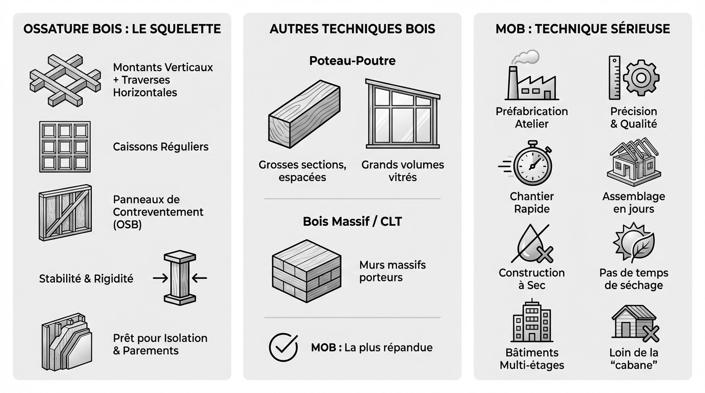 Schéma explicatif de la structure d'un mur à ossature bois avec montants et isolation