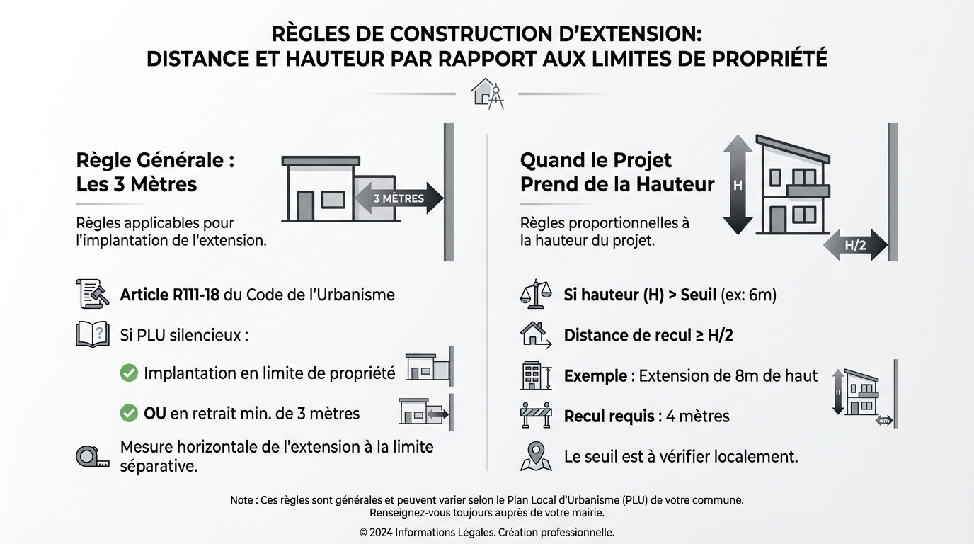 Schéma explicatif des règles de recul et de hauteur pour une extension en limite de propriété