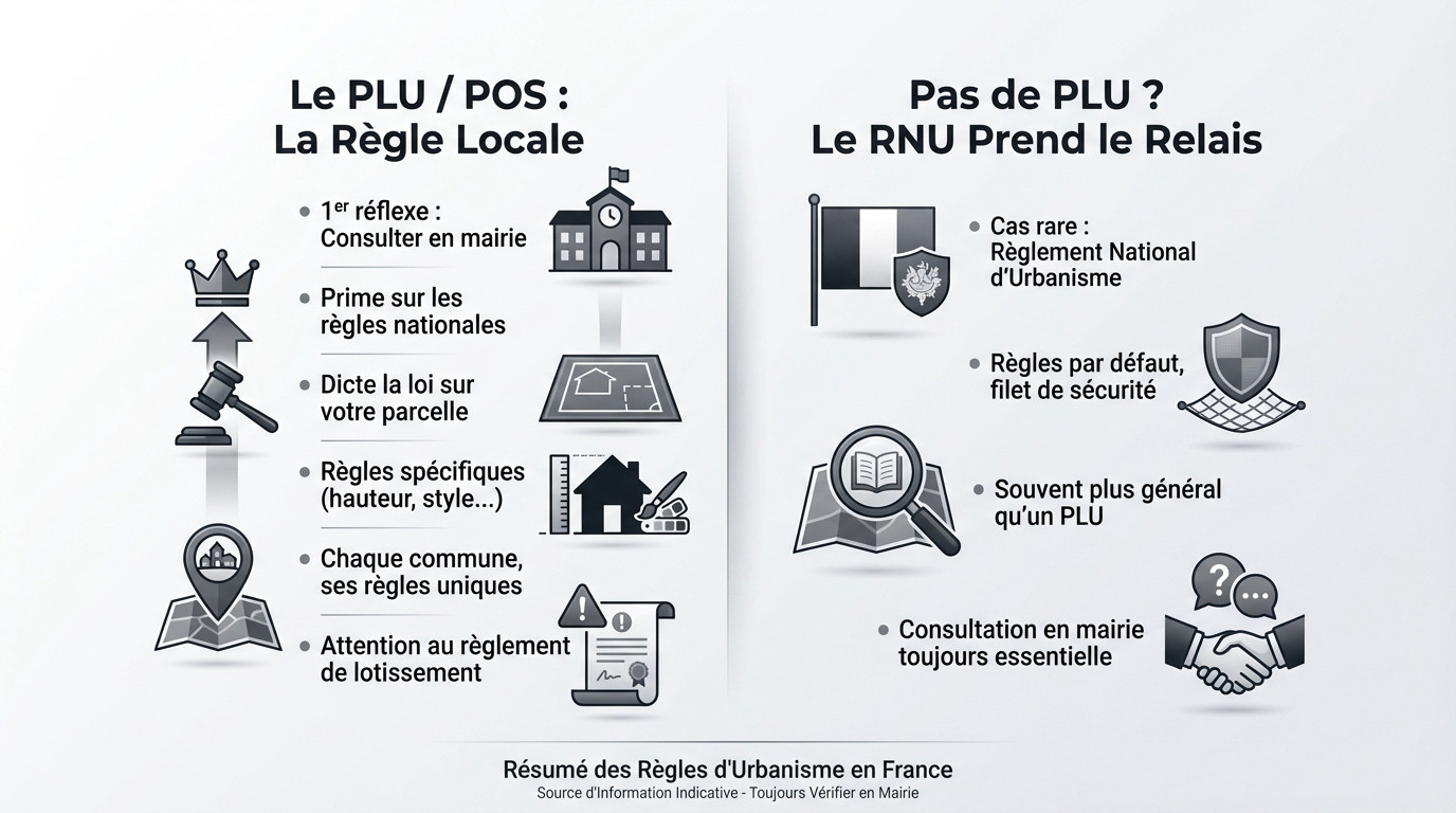Illustration des règles d'urbanisme en France : différence entre PLU, POS et RNU pour les extensions de maison