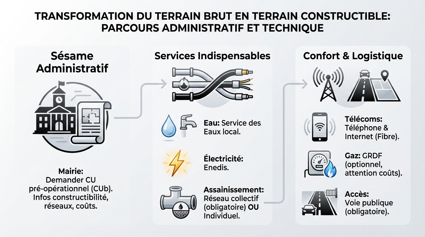 Schéma illustrant les étapes de viabilisation d'un terrain : raccordements eau, électricité et accès voirie