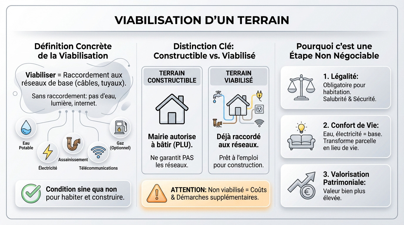 Chantier de viabilisation d'un terrain avec pose de canalisations et engins de travaux publics