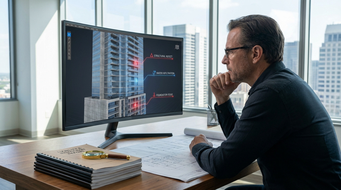 Architecte analysant un chantier pour identifier des désordres structurels couverts par la garantie décennale