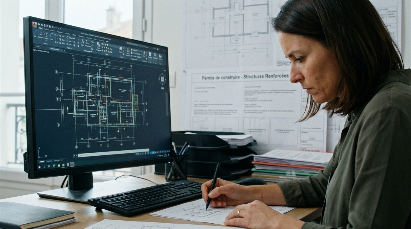 Architecte travaillant sur des plans techniques garantissant la solidité de l'ouvrage
