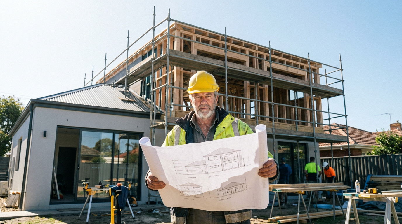 Chef de chantier consultant des plans devant une maison en cours de surélévation
