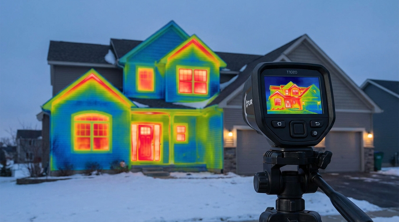 Scan thermique d'une maison révélant les zones de déperditions de chaleur rouges et jaunes