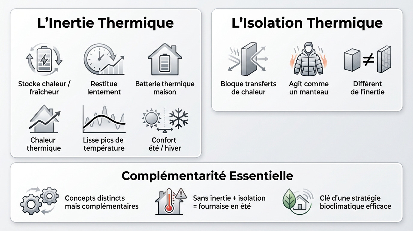 Schéma comparatif illustrant la différence entre l'inertie thermique et l'isolation thermique dans une maison