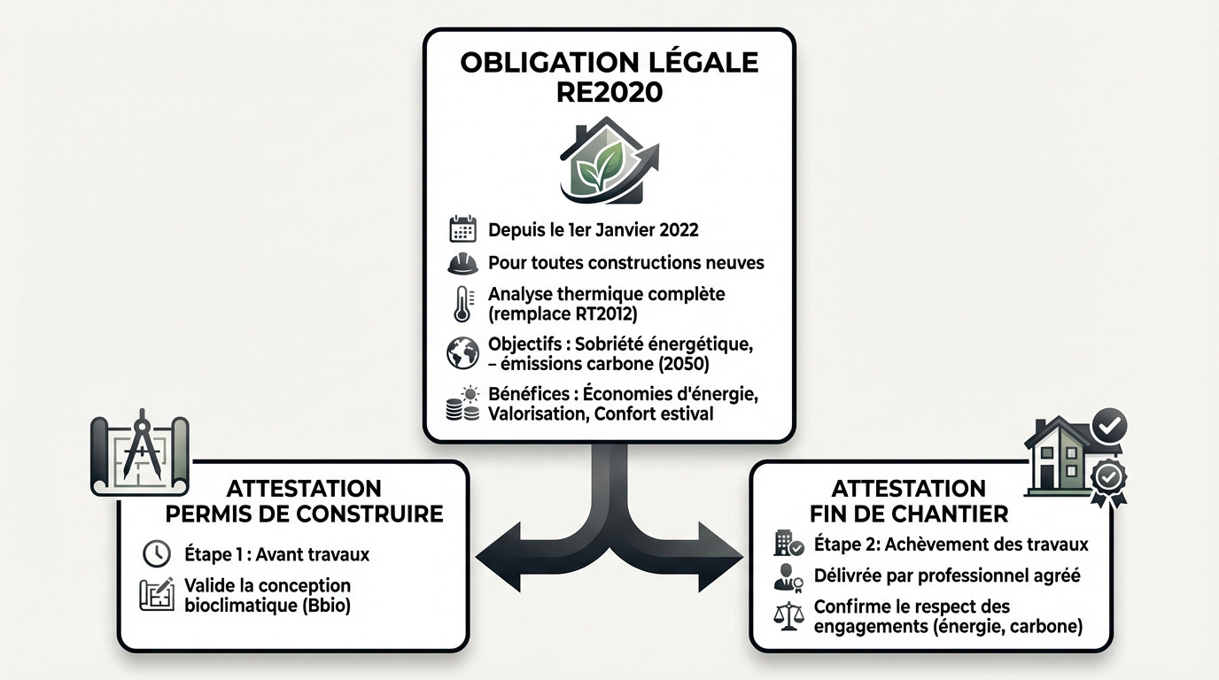 Infographie explicative sur l'obligation légale de la RE2020 et les attestations requises