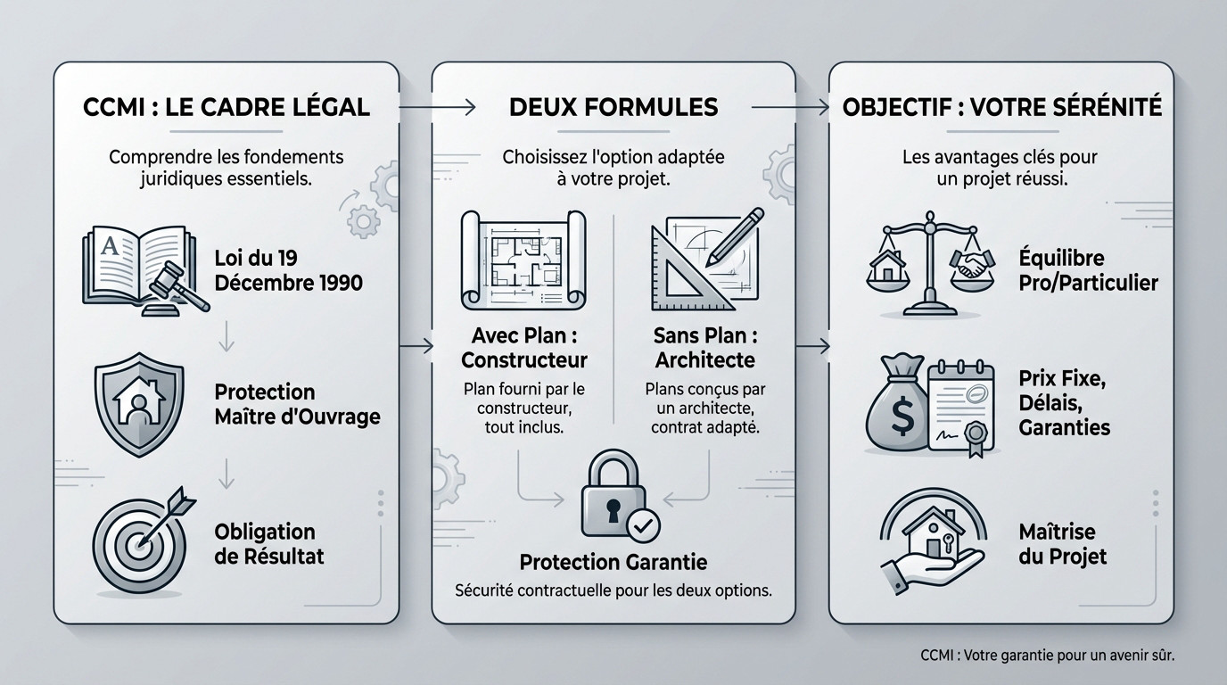 Infographie expliquant le cadre légal et les avantages clés du CCMI pour le maître d'ouvrage