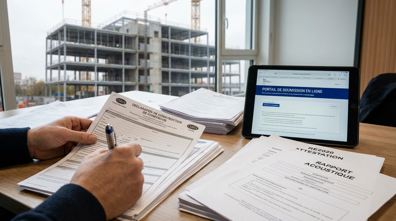 Schéma du processus administratif de construction incluant le formulaire Cerfa et la RE2020 pour la DAACT