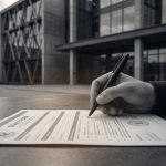 Hand signing a DAACT form with a dark pen on a table, a modern grey architectural building blurred in the background. Monochromatic.