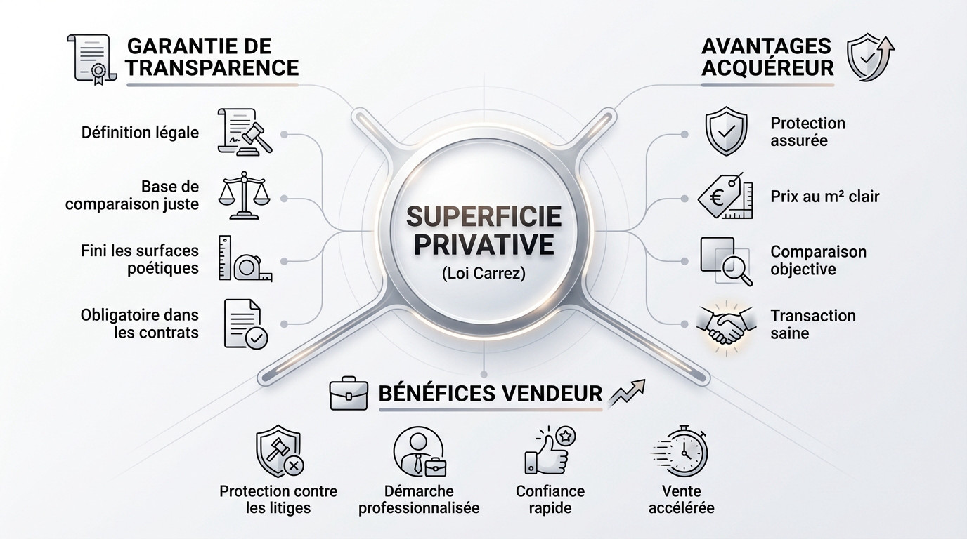 Plan d'architecte illustrant le calcul de la superficie privative loi Carrez