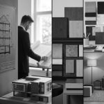 Bicolor image contrasting an architect's structural blueprints and model with an interior architect's material swatches and room design.