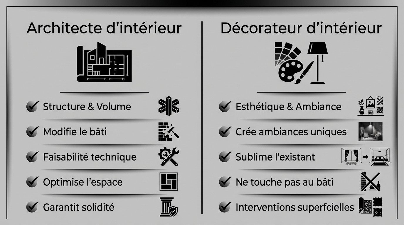 Schéma illustrant la différence entre un architecte d'intérieur qui gère la structure et un décorateur qui gère l'ambiance
