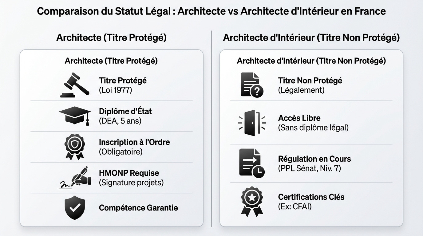 Tableau comparatif du statut légal entre architecte et architecte d'intérieur
