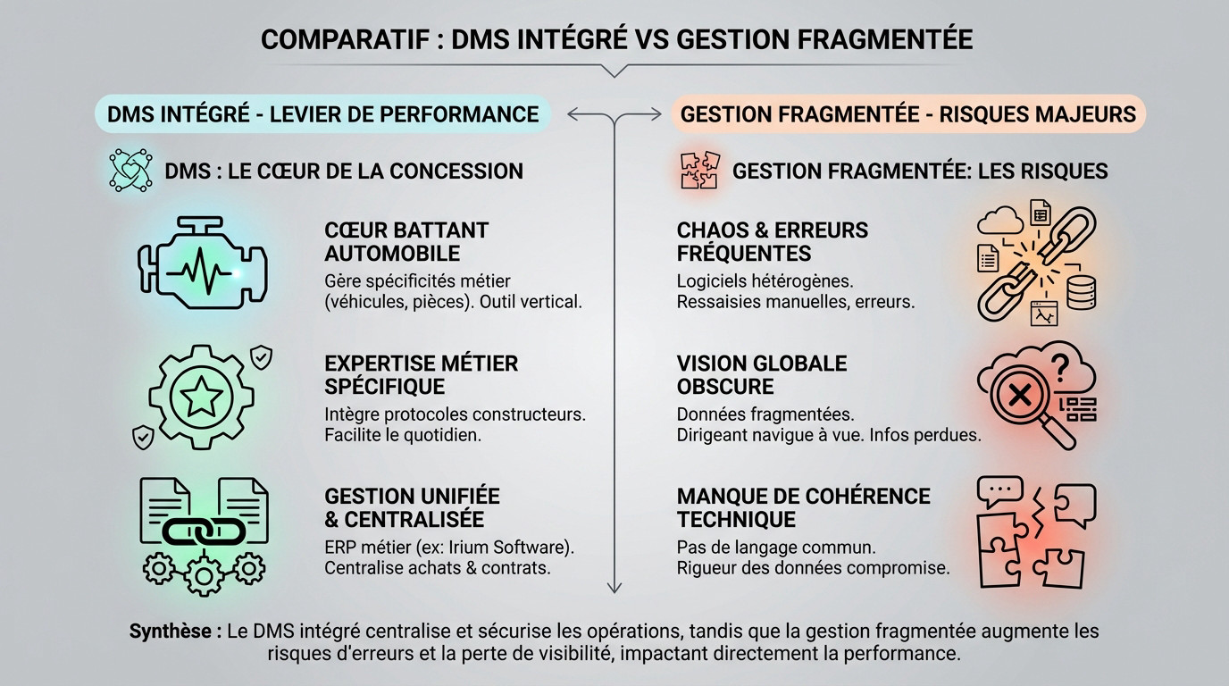 Comparatif visuel entre un DMS intégré et une gestion fragmentée en concession automobile