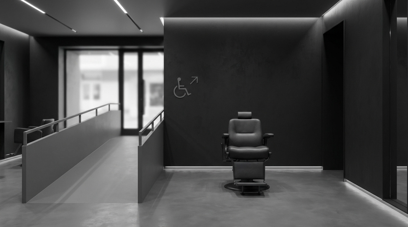 Modern, bicolor salon interior in dark and medium grey. Empty barber chair, accessibility ramp, and PMR symbol convey safety and compliance.