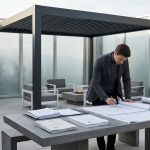 Man in grey reviews pergola blueprints and permit documents on a concrete table, under a dark grey modern pergola in a minimalist outdoor setting.