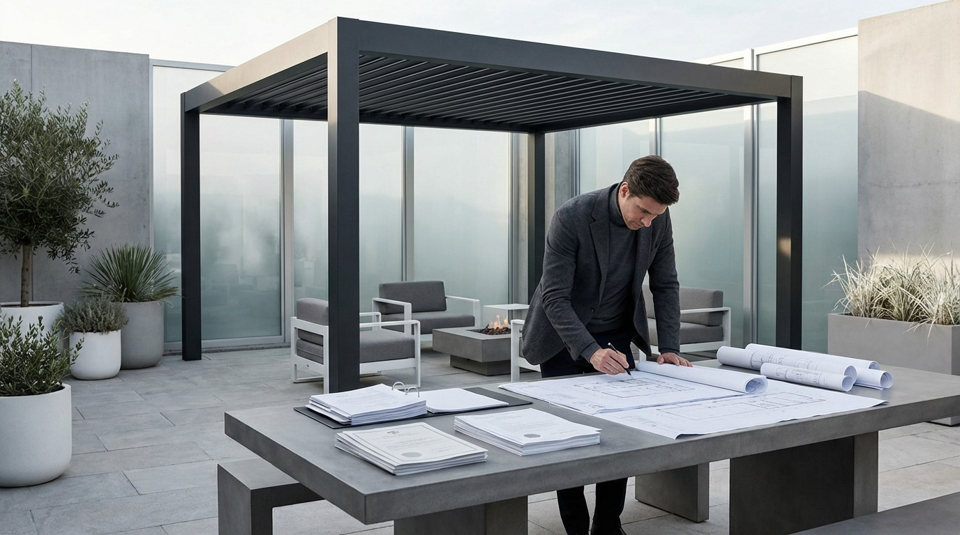 Man in grey reviews pergola blueprints and permit documents on a concrete table, under a dark grey modern pergola in a minimalist outdoor setting.