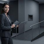 Female professional in a grey suit reviews technical plans on a tablet in a modern, grey beauty institute with an accessibility ramp.