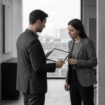 Two professionals in modern attire discuss property renovation plans on a digital tablet in a sleek, monochrome office.