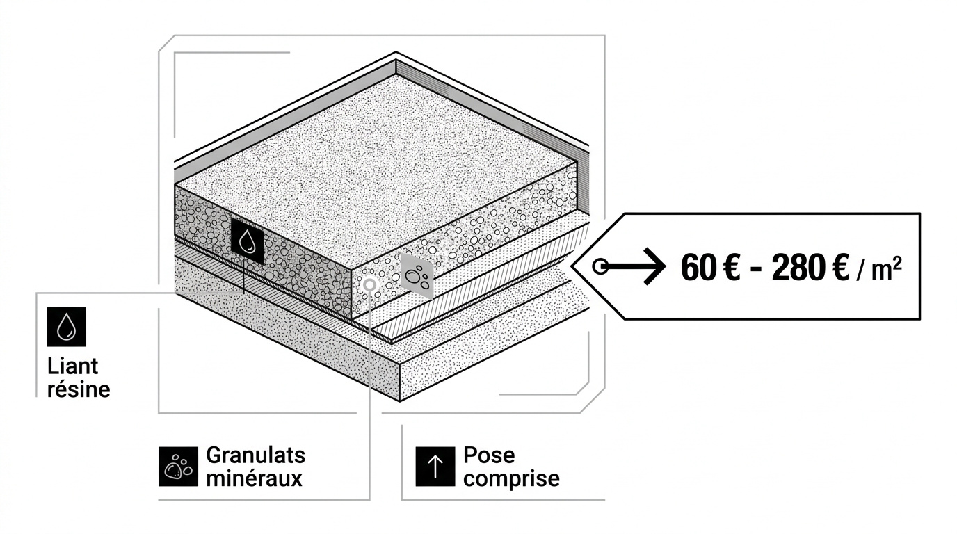 Analyse technique et pose d'une terrasse en résine moderne avec granulats minéraux