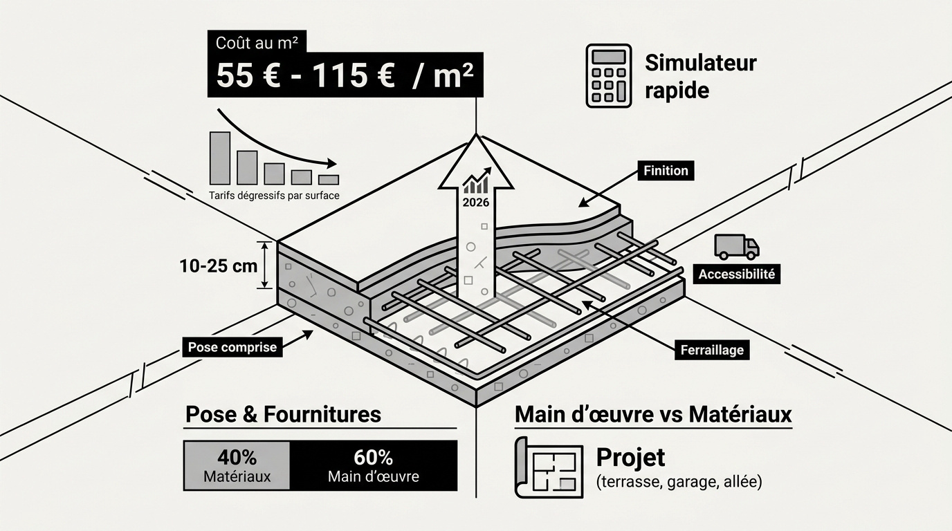 Schéma technique de la structure d'une dalle béton avec ferraillage et préparation du sol