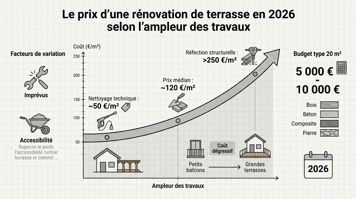 Tableau comparatif des prix de rénovation de terrasse au m2 en 2026 selon le type de travaux