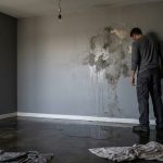 Un homme inspecte un mur gris gravement endommagé par l'humidité et une flaque d'eau au sol.