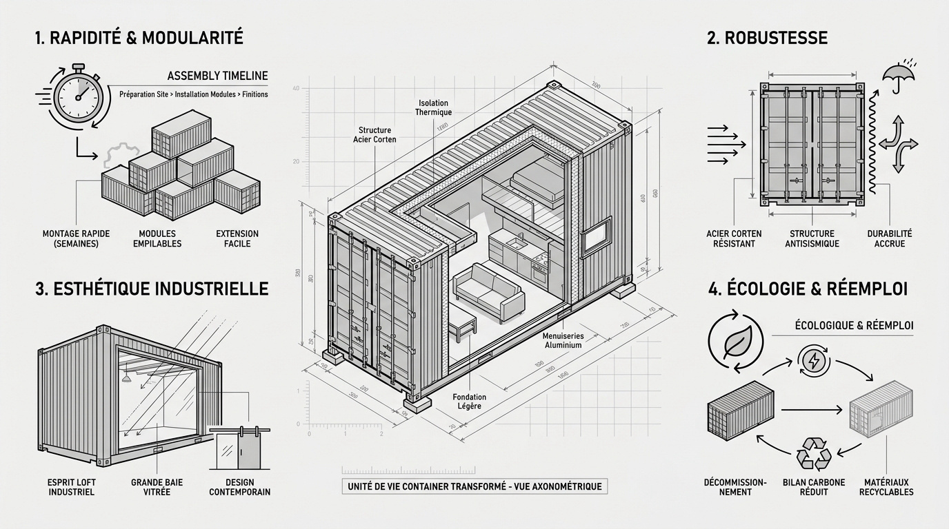Maison container moderne avec design industriel et structure en acier Corten