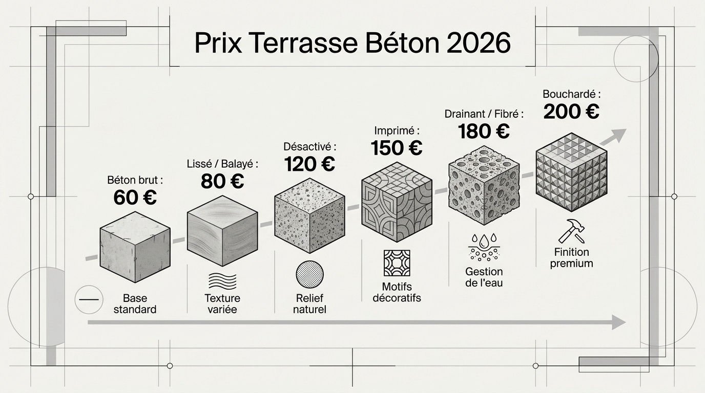 Comparatif des prix au m2 pour les finitions de terrasse en béton en 2026