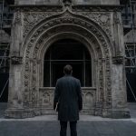Homme de dos devant une entrée historique en pierre en rénovation.